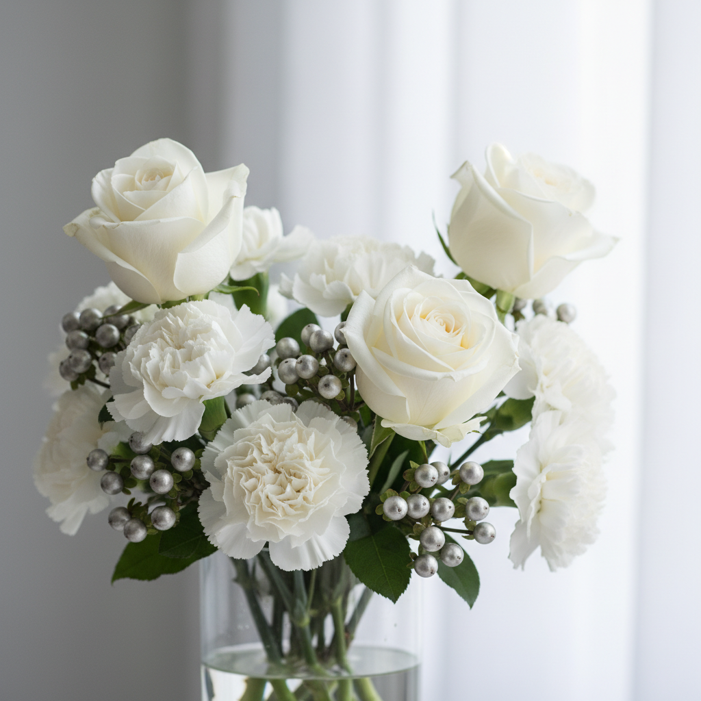 White garden roses and silver brunia in a sophisticated monochromatic bouquet