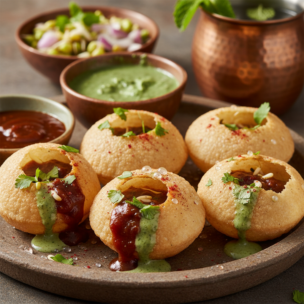 Pani puri crispy shells with green tamarind water in small bowl