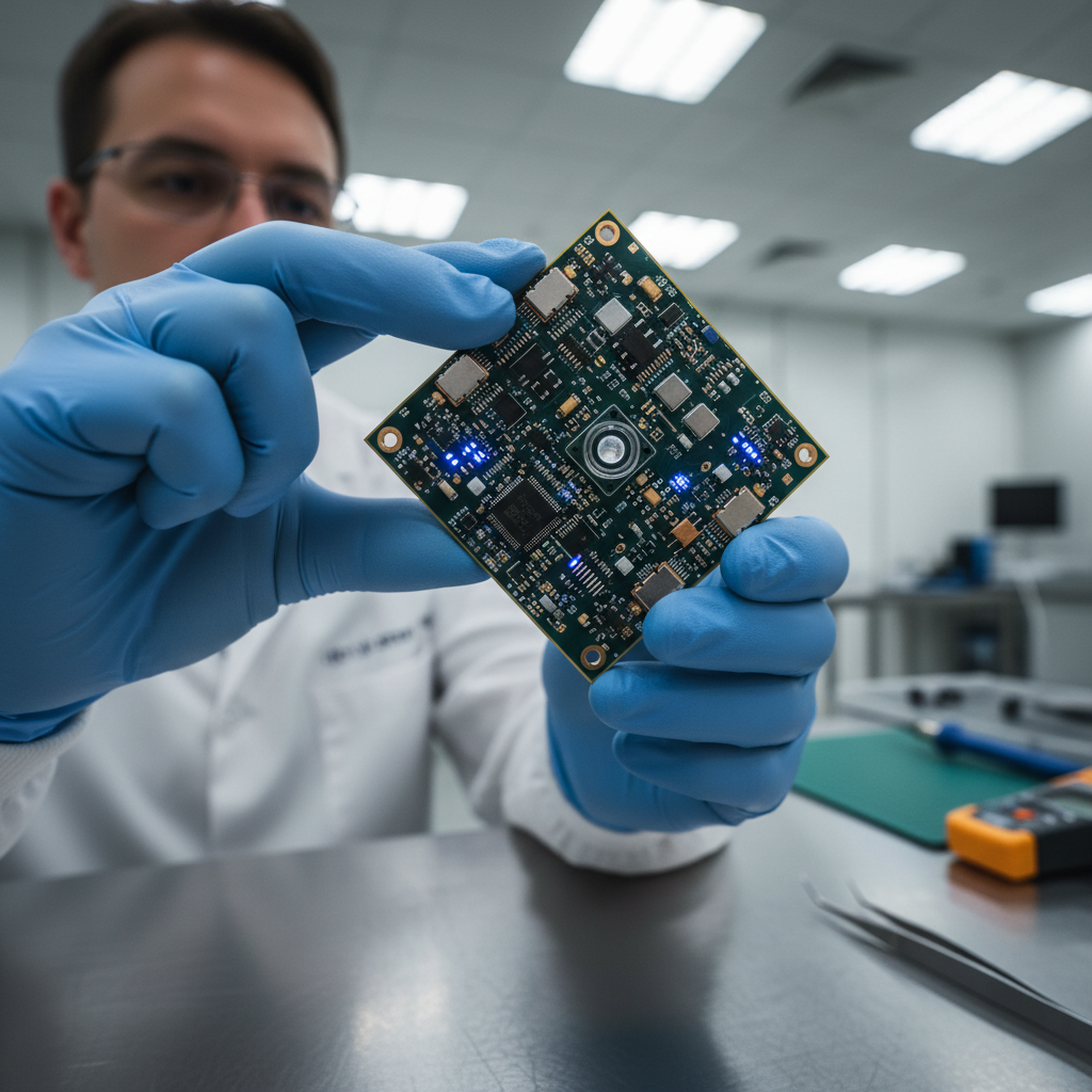 Technician in white coat inspecting electronic device with clipboard in secure facility