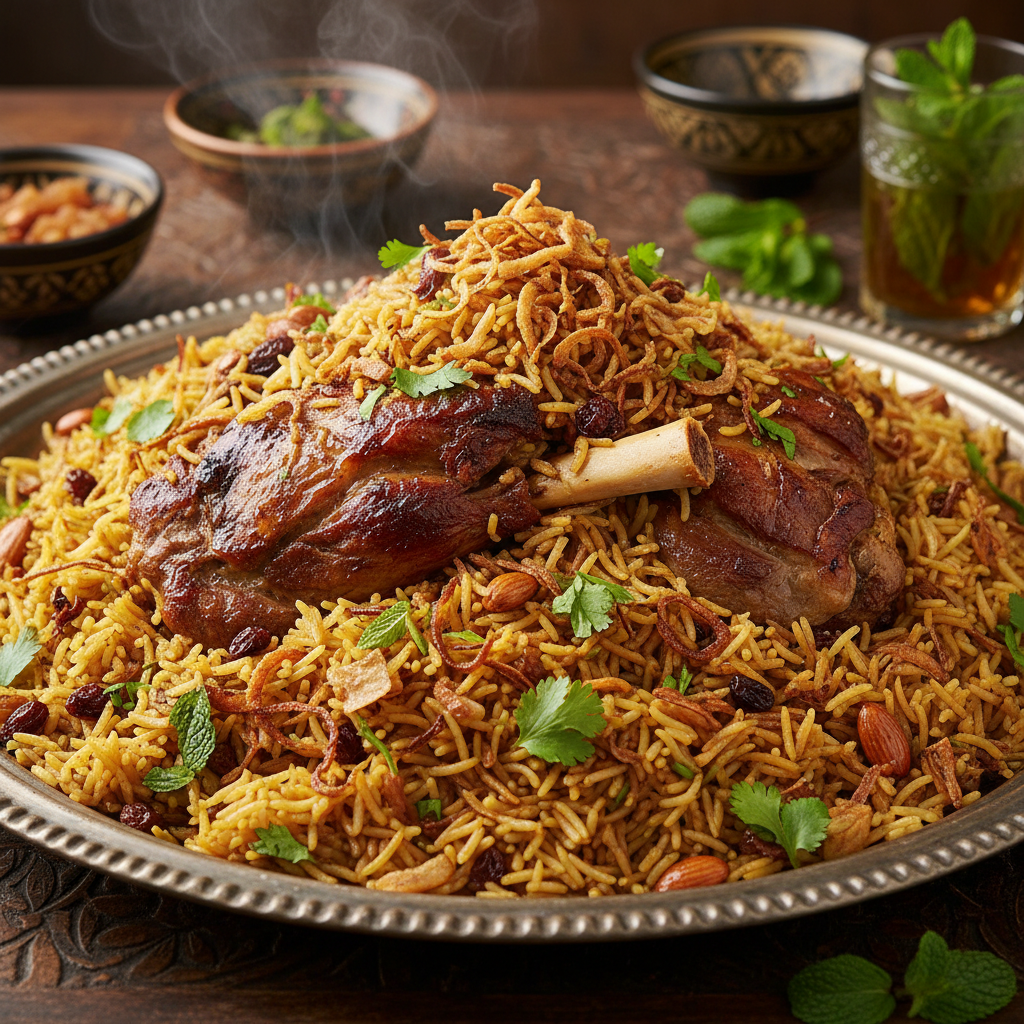 Charcoal-grilled Al Faham chicken with crispy skin served on aromatic mandi rice with caramelized onions
