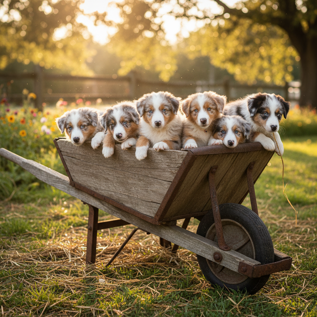 Litter of Australian Shepherd puppies piled together in a rustic wooden wheelbarrow