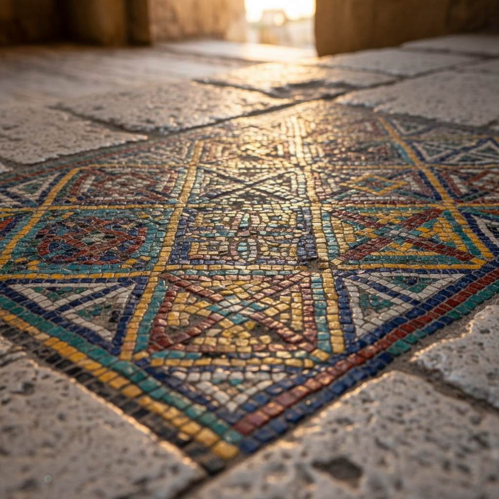 Byzantine mosaic detail underfoot on ancient stone pathway in Cappadocia