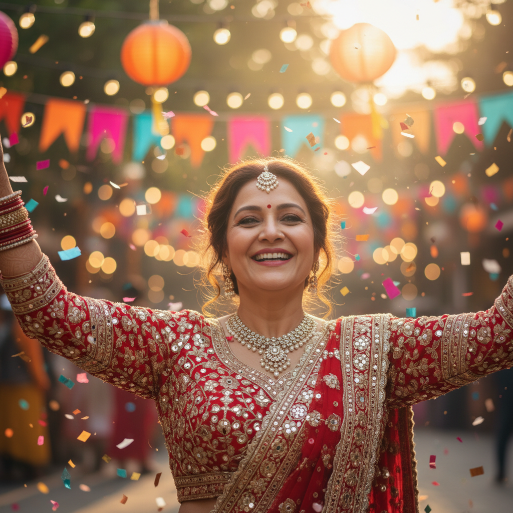 Smiling Indian woman in traditional attire, colorful background, festive mood