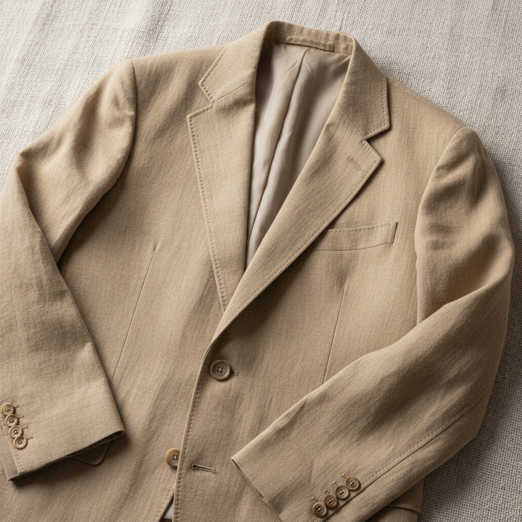 Beige linen blazer on clean white background, minimal product photography