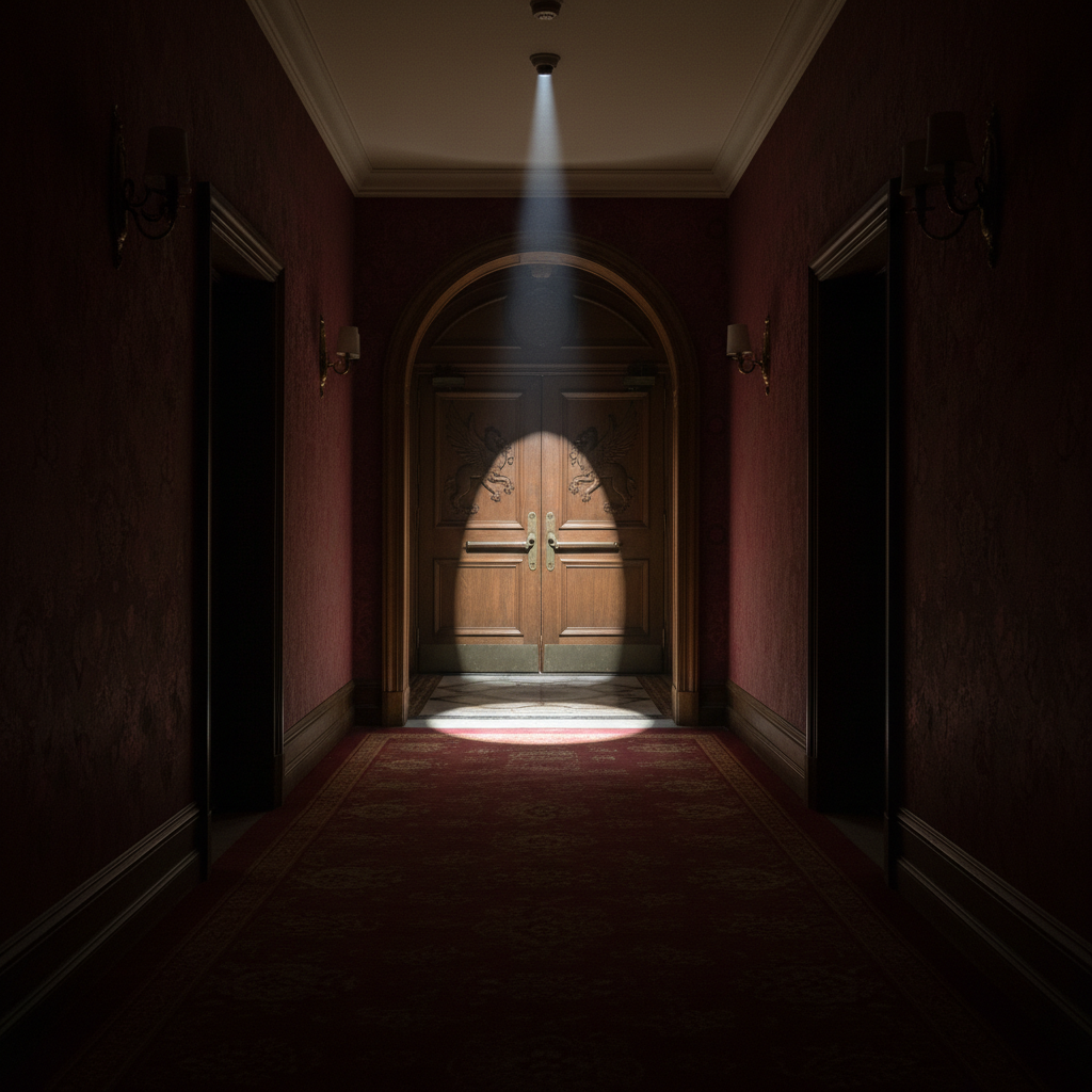 Dark theater hallway with a single spotlight at the end