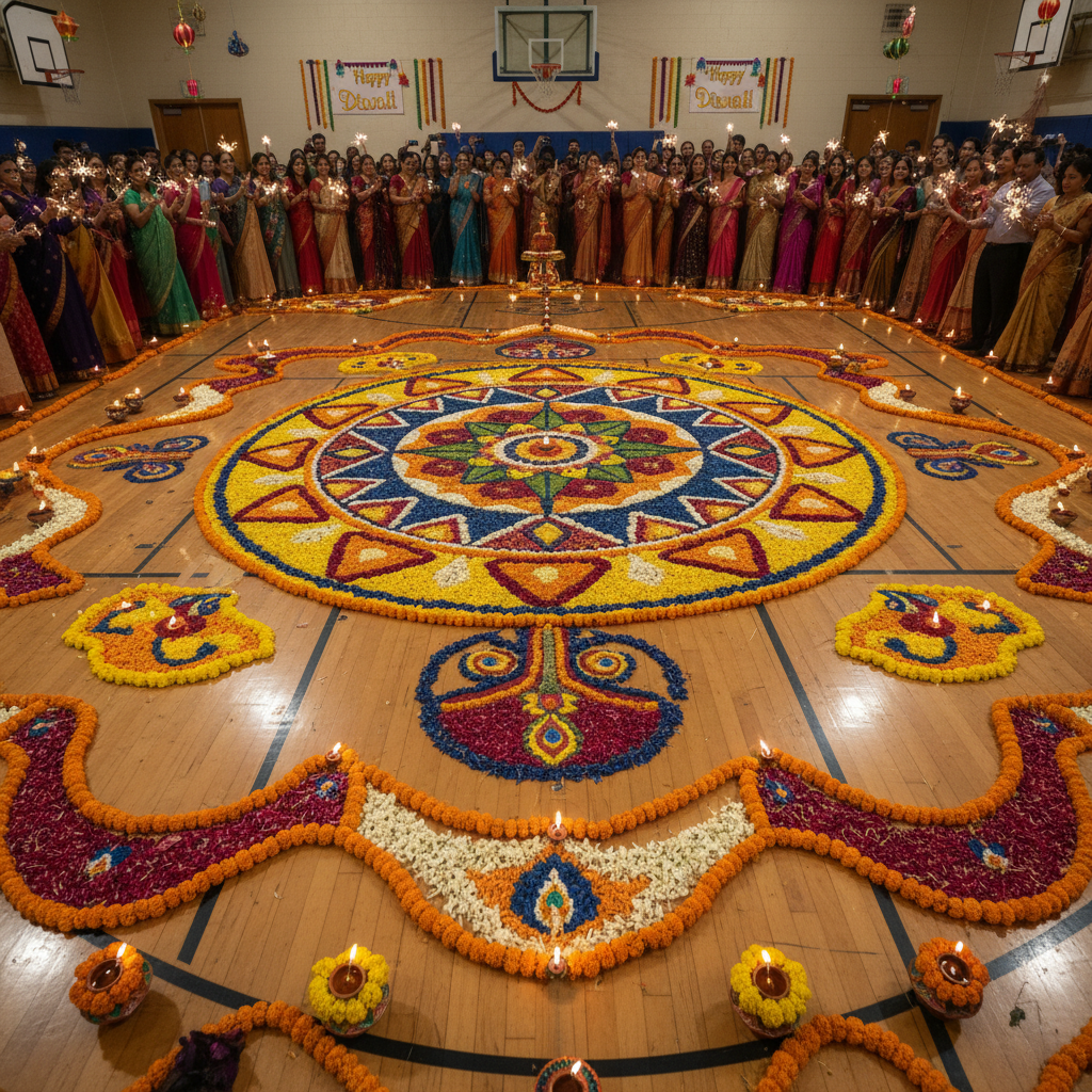 Colorful rangoli pattern with marigold flowers on gymnasium floor during Diwali celebration