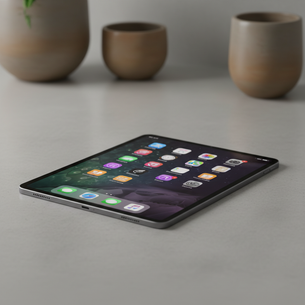 iPad tablet propped up showing home screen, clean bright background