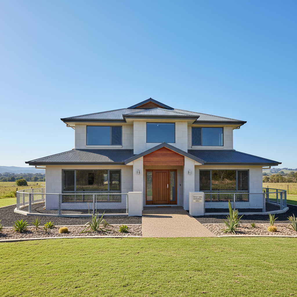 Modern home exterior with freshly painted grey walls, bright daylight, clean architecture