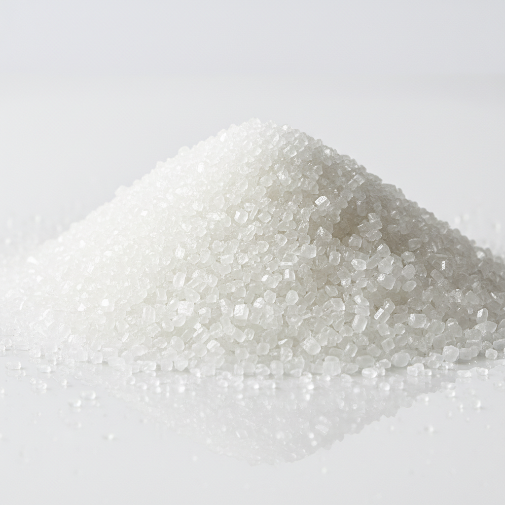 White granulated sugar in a glass bowl on white background, bright clean minimal studio