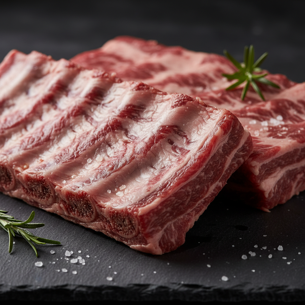 Bone-in beef short ribs with thick marbling on dark stone, dramatic shadows, deep red meat