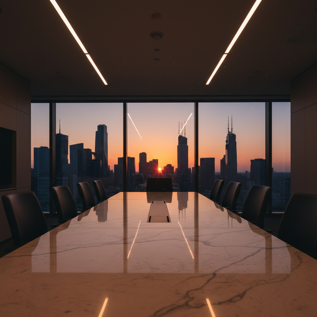 Modern glass boardroom overlooking city skyline at dusk, dark interior amber lighting