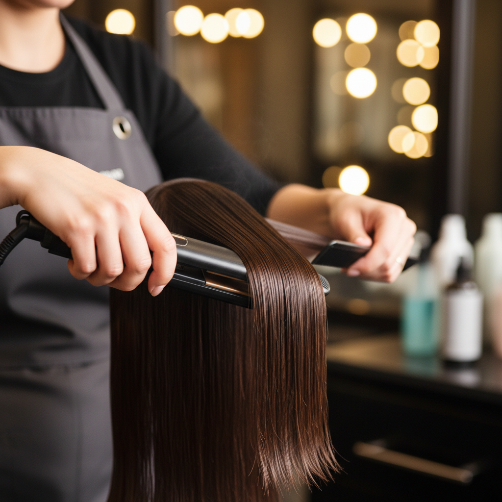Stylist finishing hair botox treatment with flat iron in warm salon setting