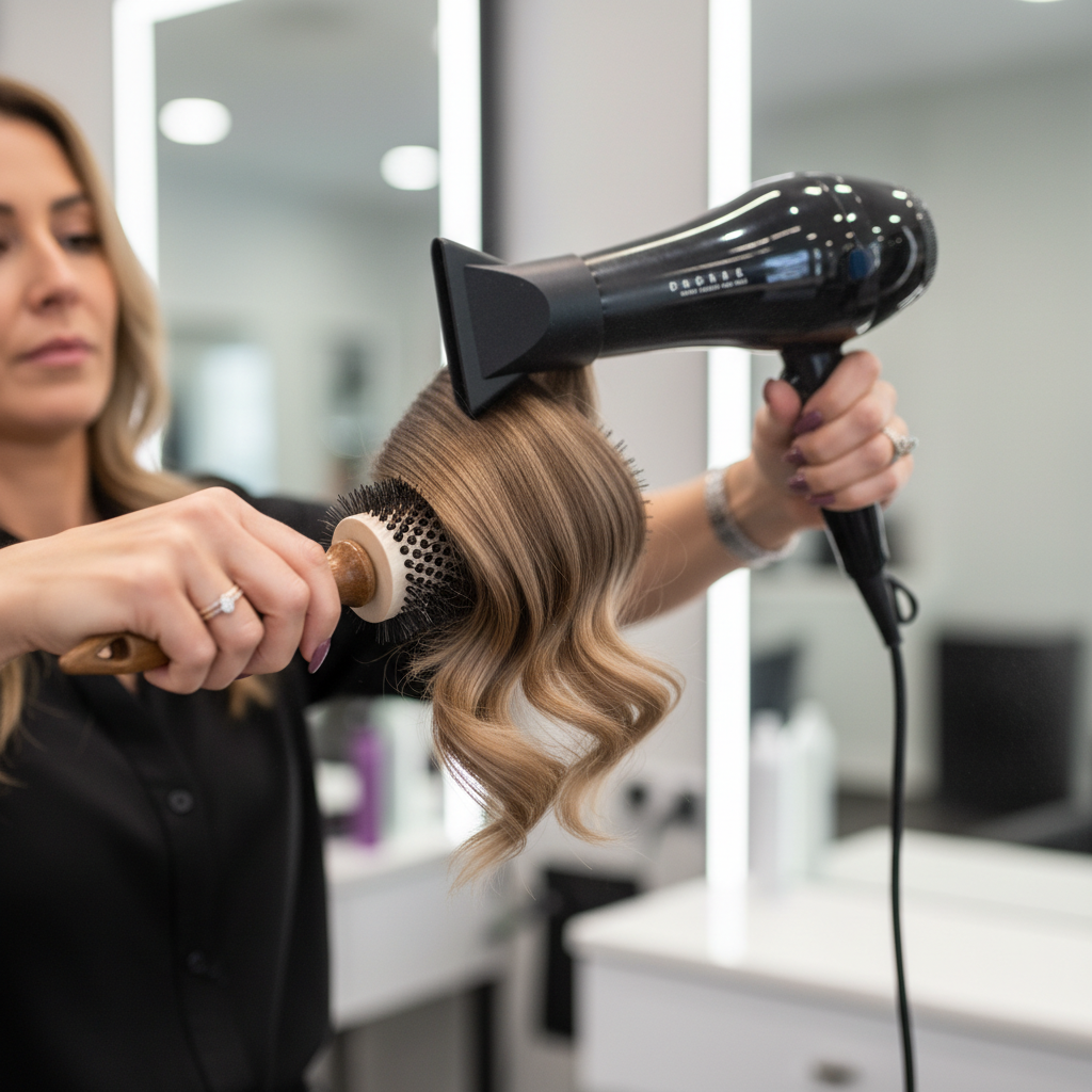 Professional hair styling session with blowdryer and round brush, bright airy salon space