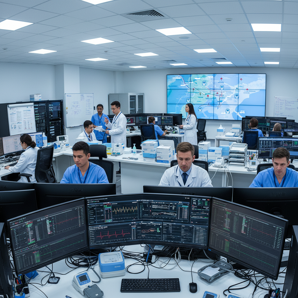 Medical professionals reviewing digital health data on large monitor screens in modern hospital control room