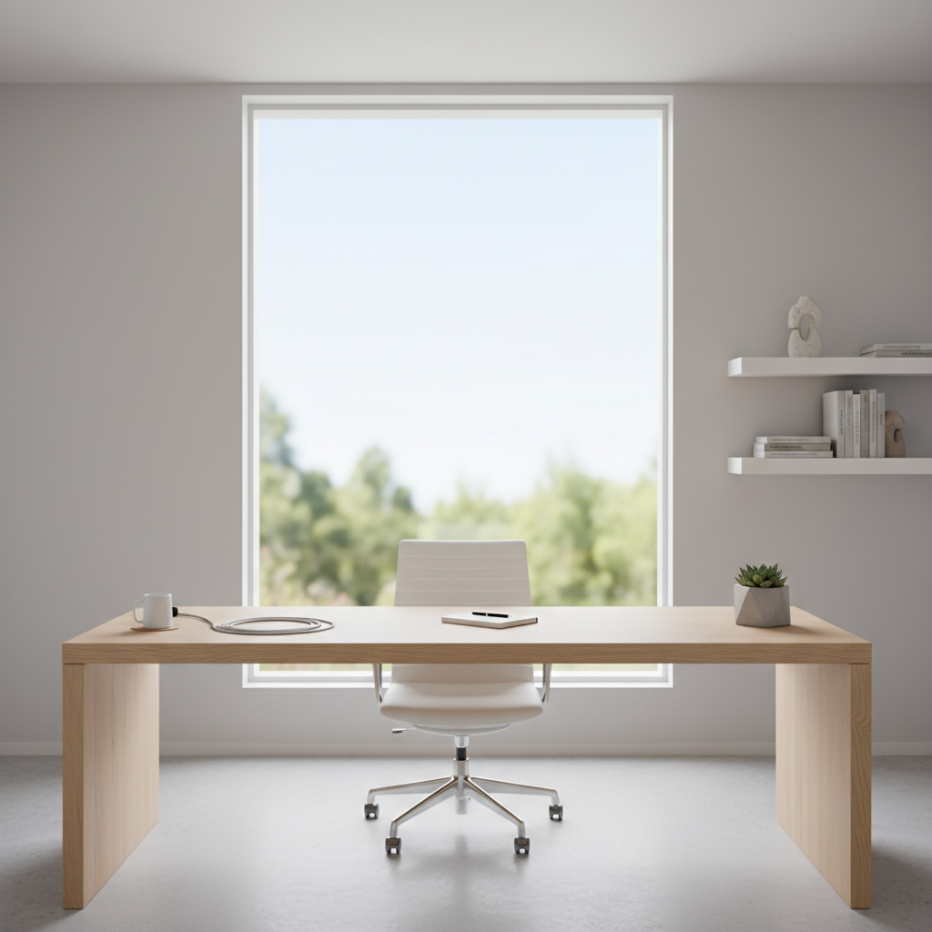 Bright minimalist workspace with white walls, clean desk, and open window with natural light