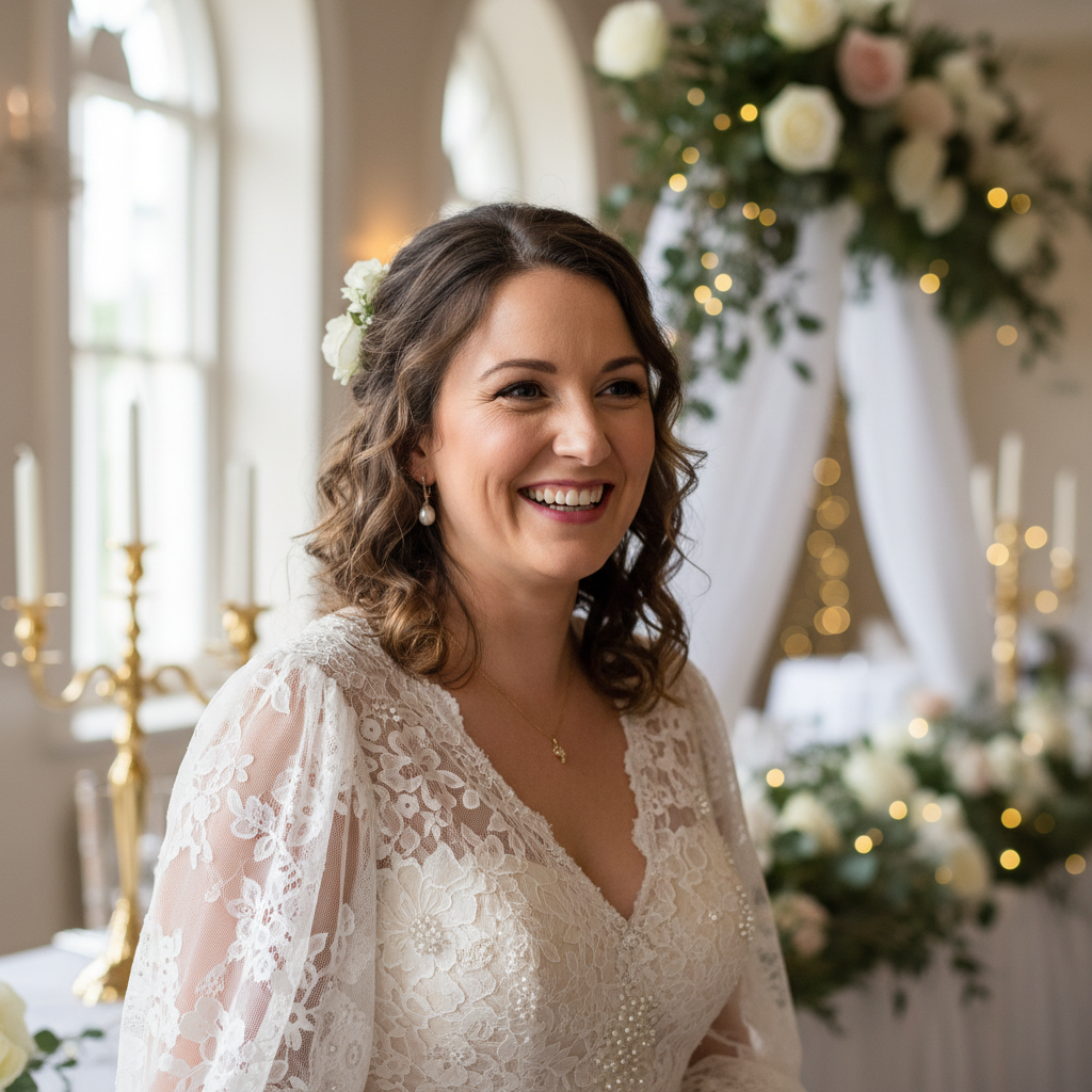 Smiling woman in elegant dress at wedding reception