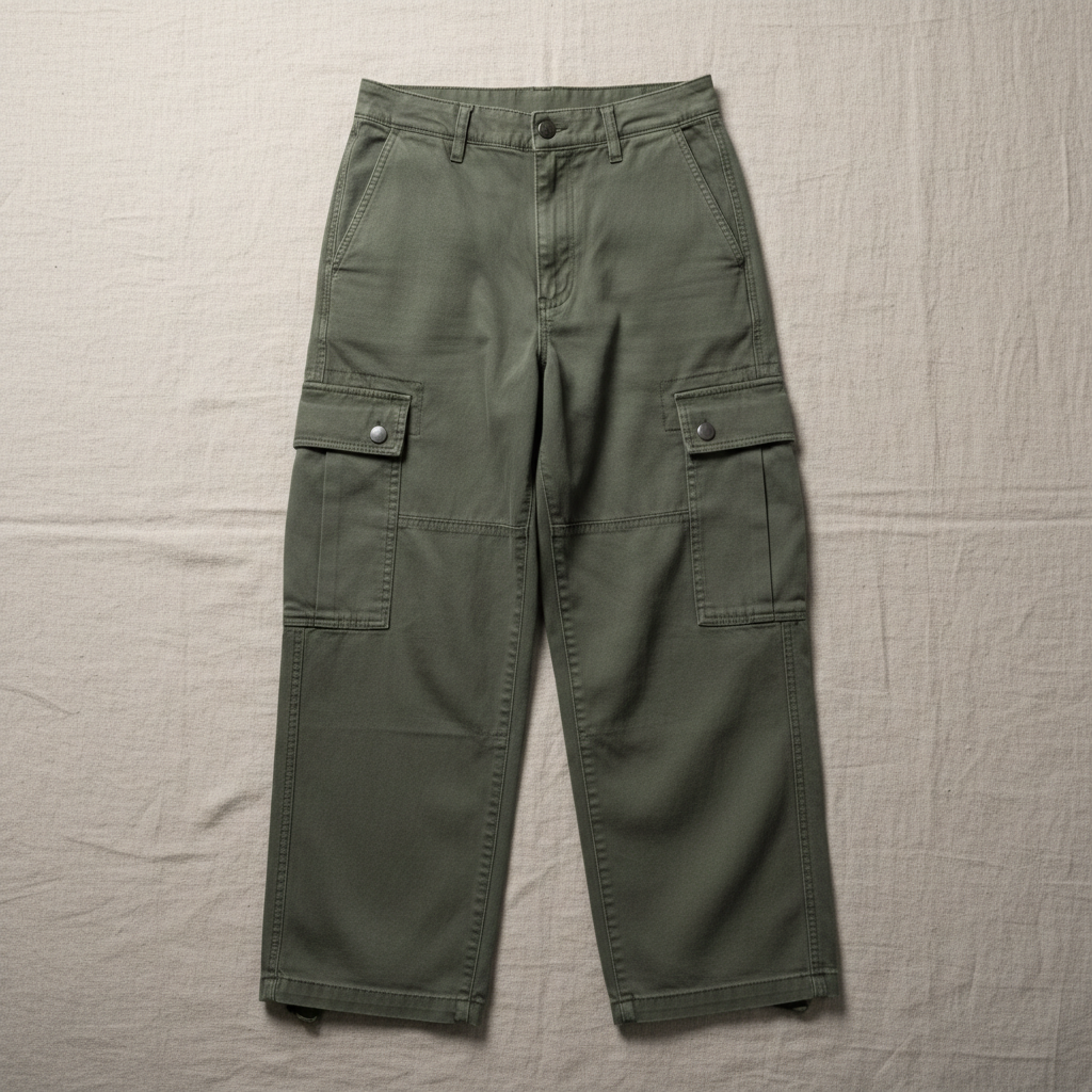 Relaxed fit cargo pants in olive green, cuffed at ankle, minimal background