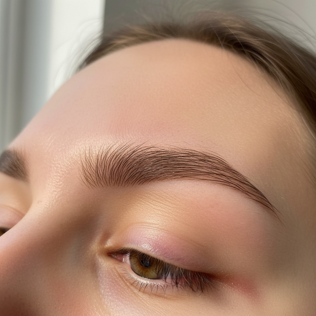 Close-up of perfectly shaped eyebrows after professional threading treatment