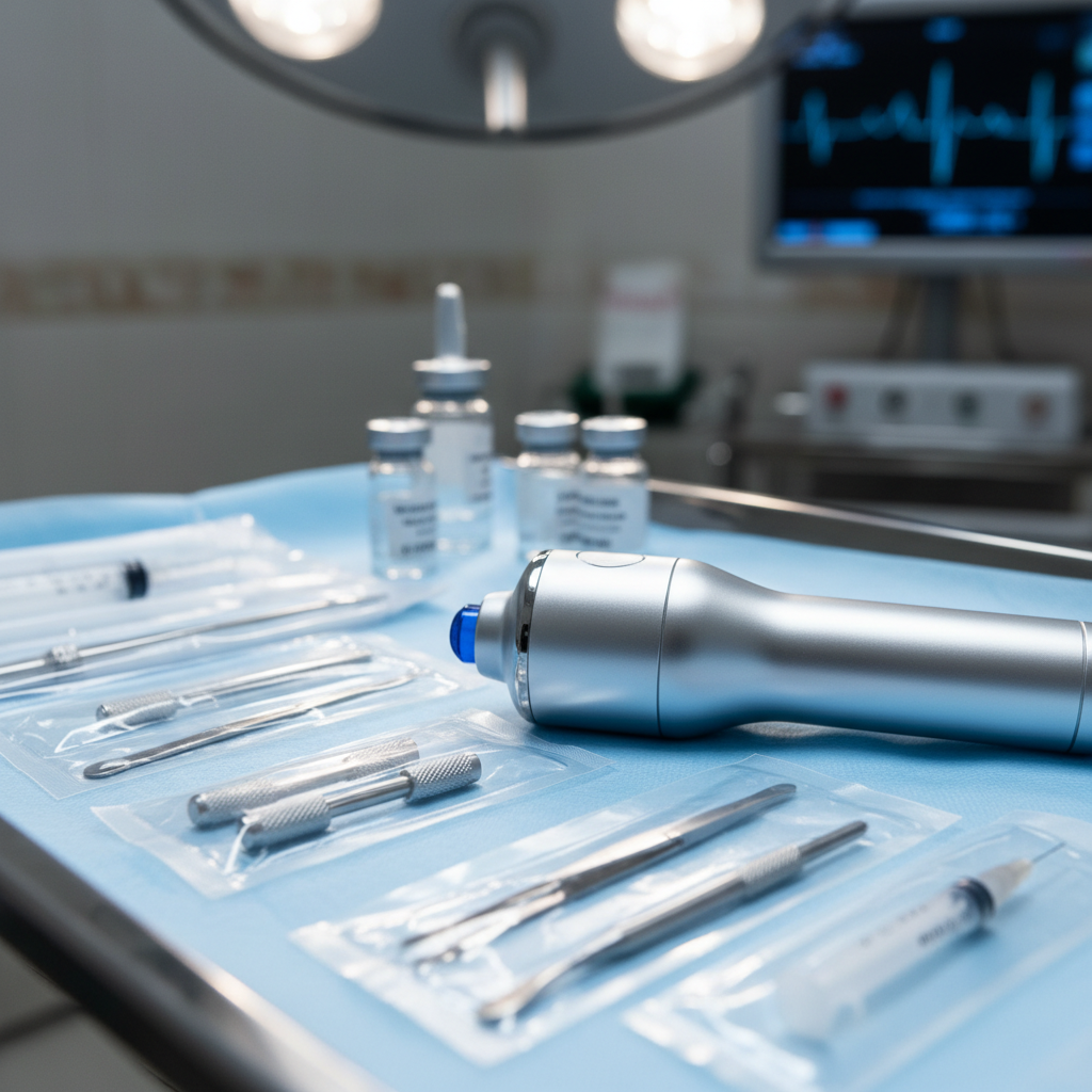 Surgical operating room with dim blue lighting, steel instruments arranged on tray, dark atmosphere, professional medical environment