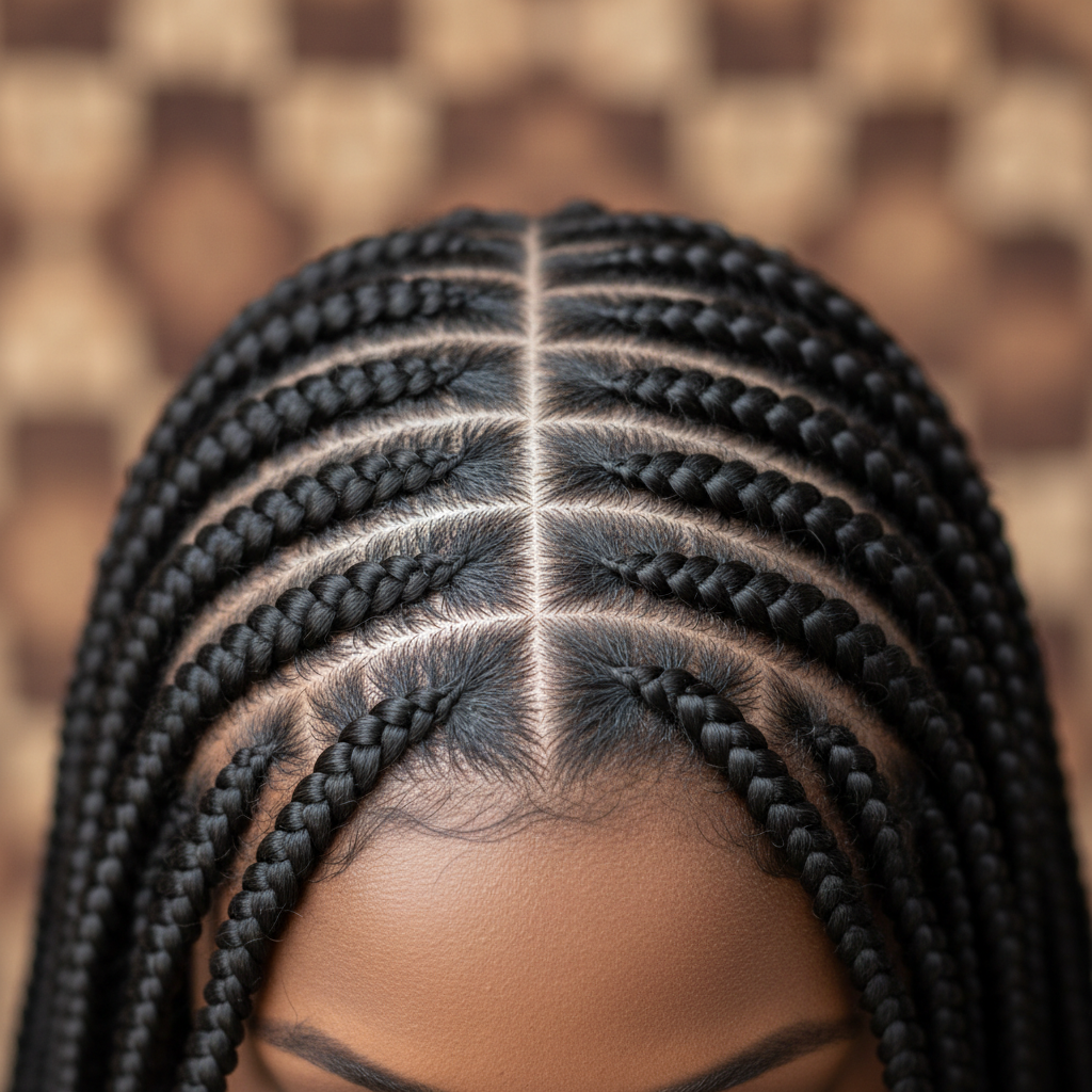 Intricate cornrow pattern on head, dark background, precision braiding, studio lighting