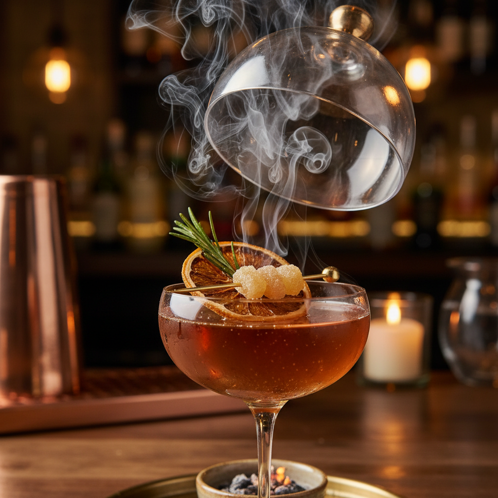 Artisan cocktail with smoke and garnish in moody bar lighting with gold accents