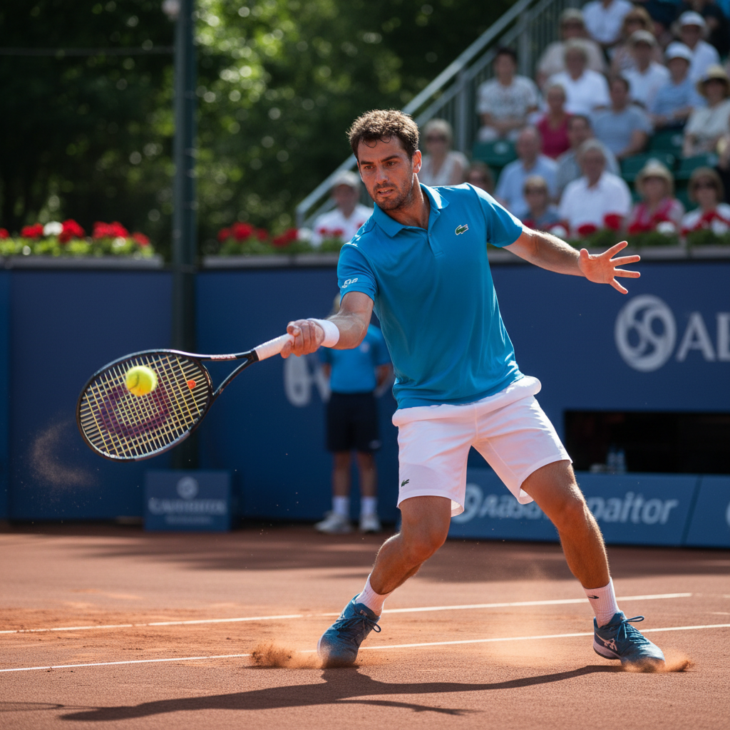 Tennis player executing a powerful forehand on professional court