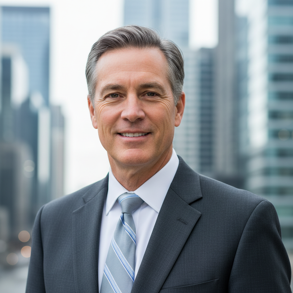 Male accountant in his 50s with glasses, professional headshot against neutral background