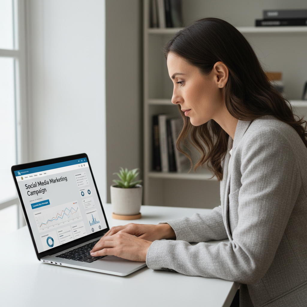 Professional using laptop to manage LinkedIn social media marketing campaign