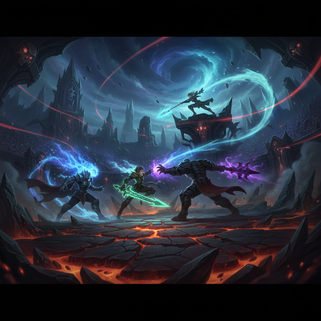 Epic MOBA arena game with colorful magical spells and heroes battling in a fantasy stadium, dark atmospheric lighting