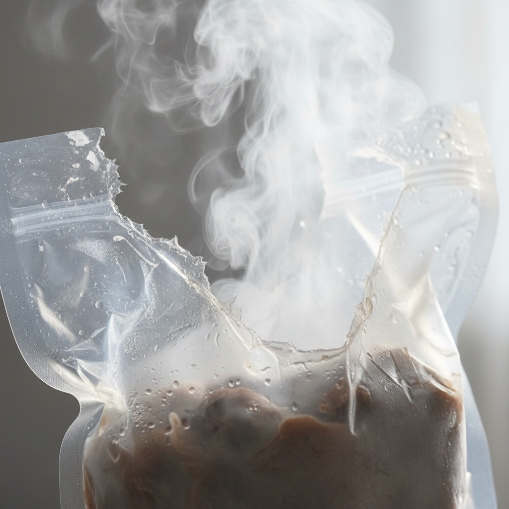 Close-up of a sealed vacuum pouch being torn open with steam escaping