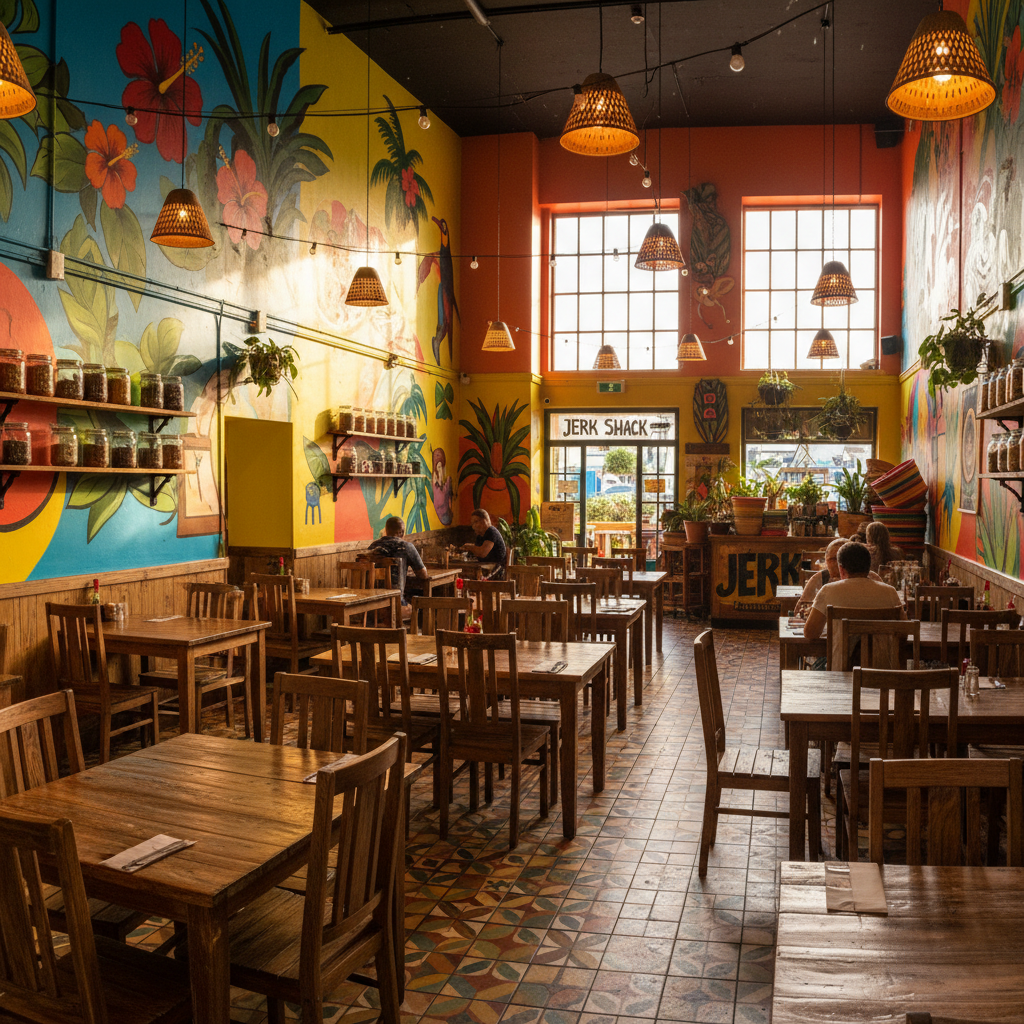Colorful Caribbean restaurant interior with wooden tables and local artwork on walls