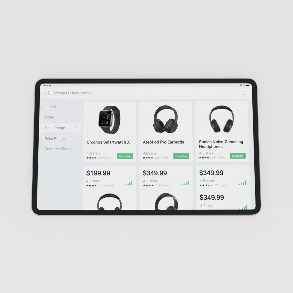 Online shopping interface showing product catalog with colorful items on white background