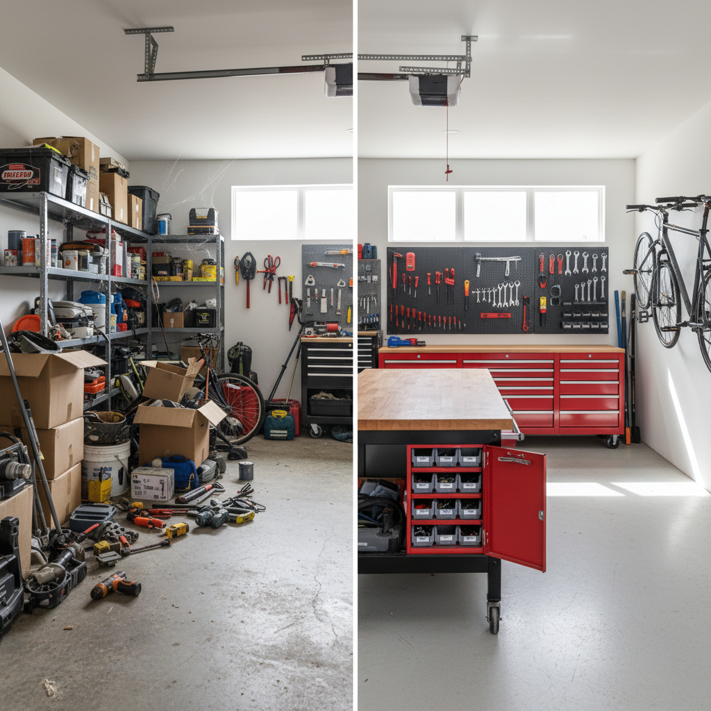 Before and after garage transformation — cluttered garage converted to organized workshop with red steel cabinets