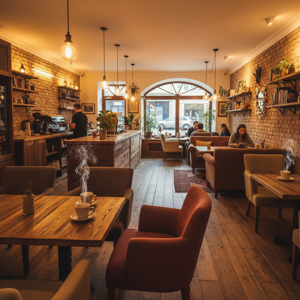 Cosy independent café with warm lighting, wooden tables, and steaming coffee cups on a quiet morning