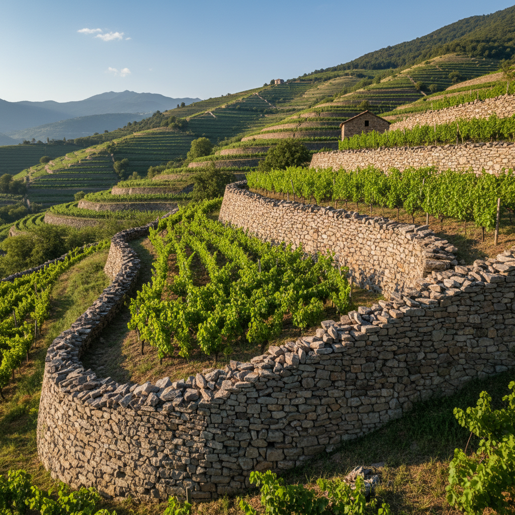 Ancient hand-laid dry stone terrace wall on steep vineyard hillside showing centuries-old craftsmanship