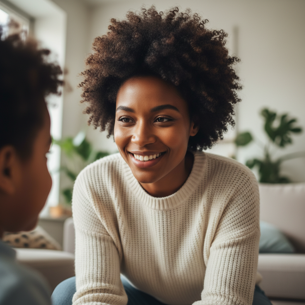 Ms. Aaliyah, Black woman with natural hair and warm smile, crouching to child level