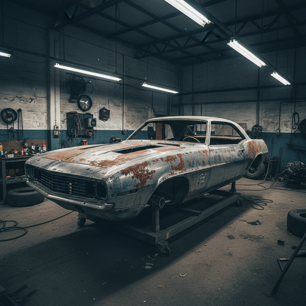 Classic Camaro body shell showing bare metal with surface rust patches and old paint striped away, under harsh workshop fluorescent lighting