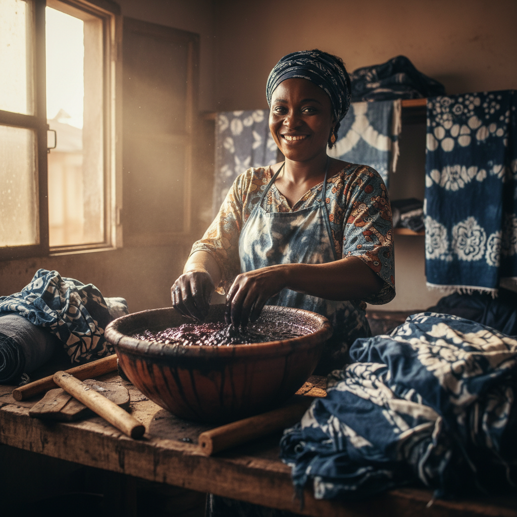 Nigerian artisan carefully hand-stitching intricate golden embroidery on flowing cream fabric in traditional workshop setting