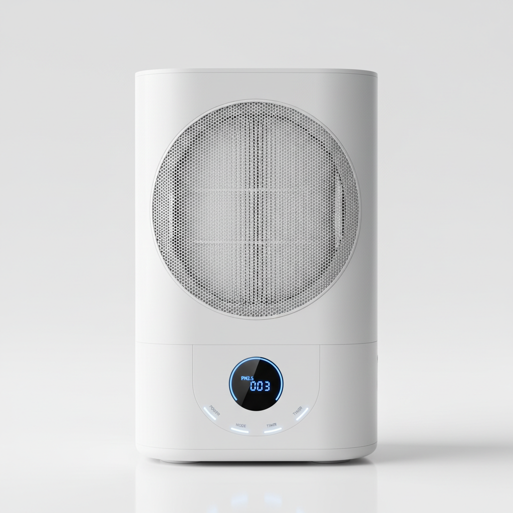 White Philips air purifier with circular design on living room floor