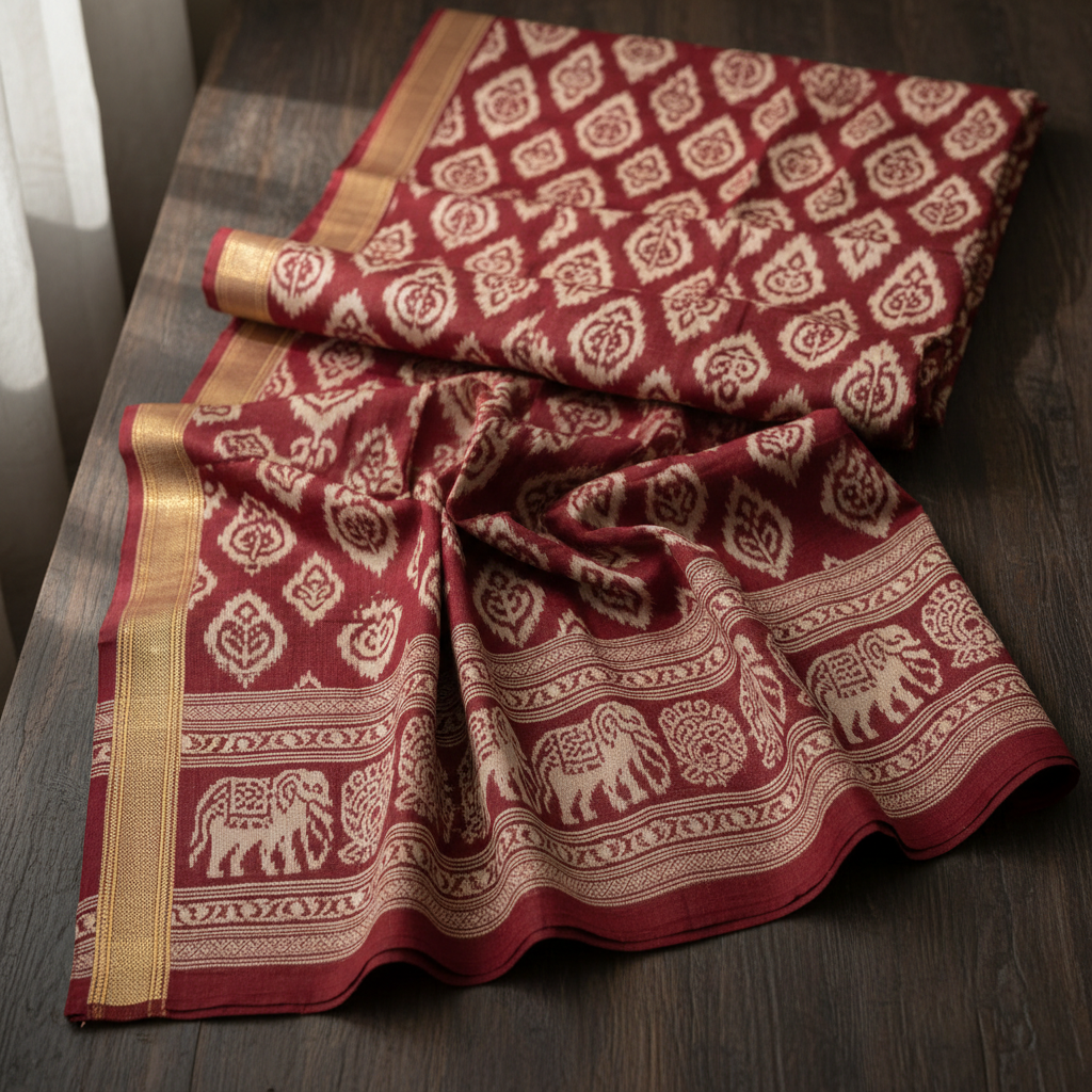 Vibrant orange Sambalpuri bandha saree with traditional motifs, natural backdrop