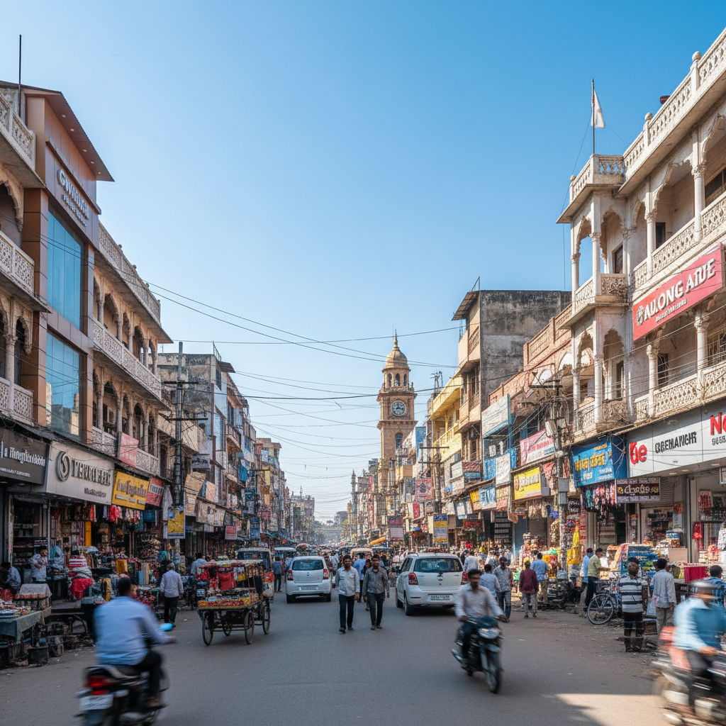 Gwalior city commercial area with buildings and streets, daytime, well-lit urban environment