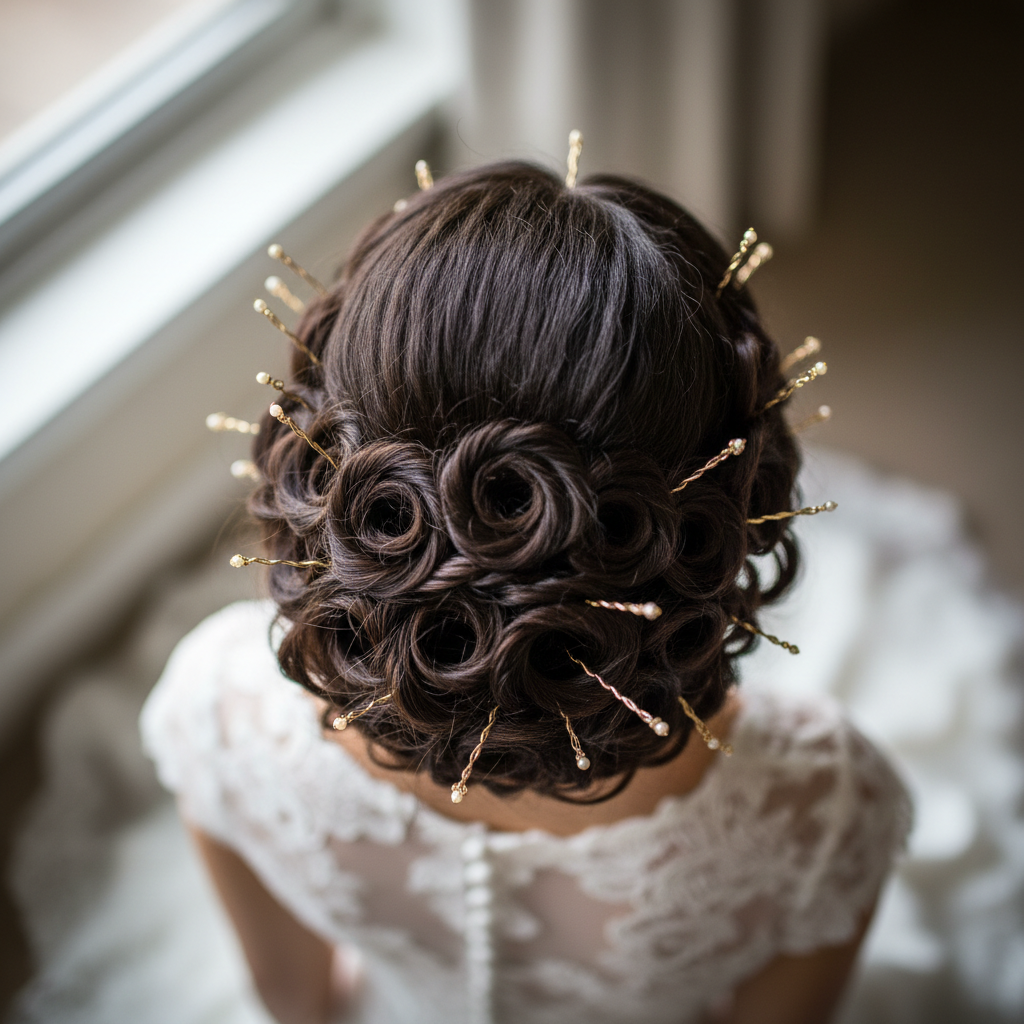 Bride with elaborate updo hairstyle adorned with flowers and gold pins, soft diffused background