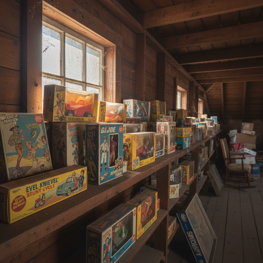Dusty attic shelf filled with boxed toys from the 1960s and 1970s