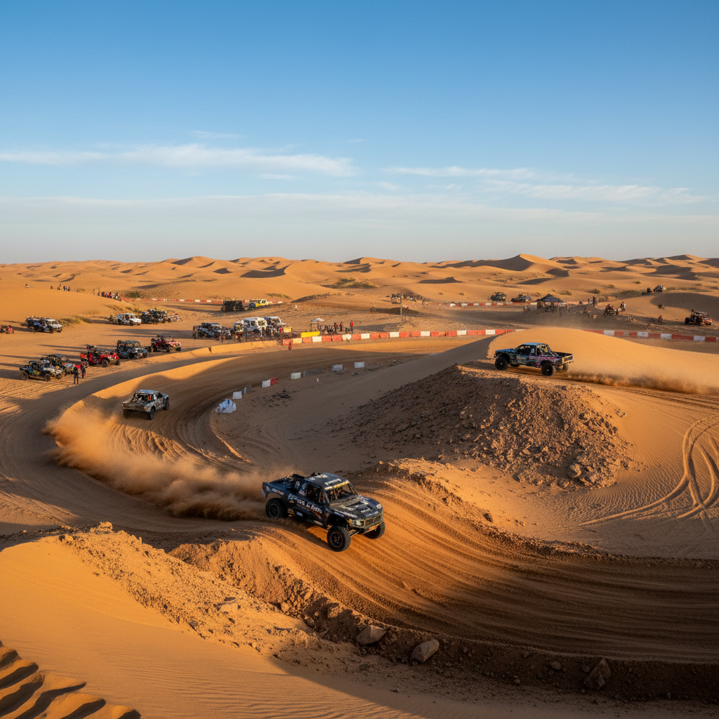 High-speed off-road RC car racing through desert terrain with dust cloud