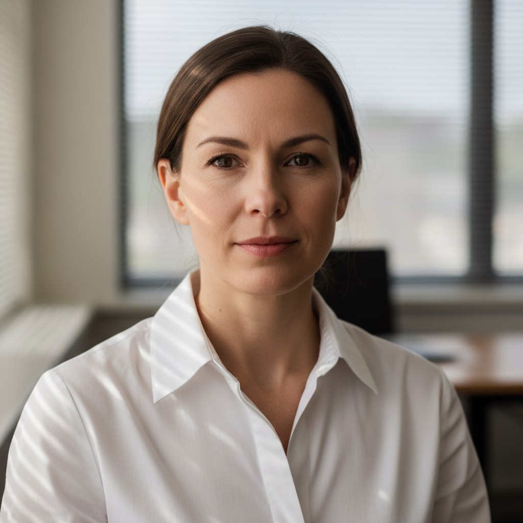 Woman in office attire, plain collar