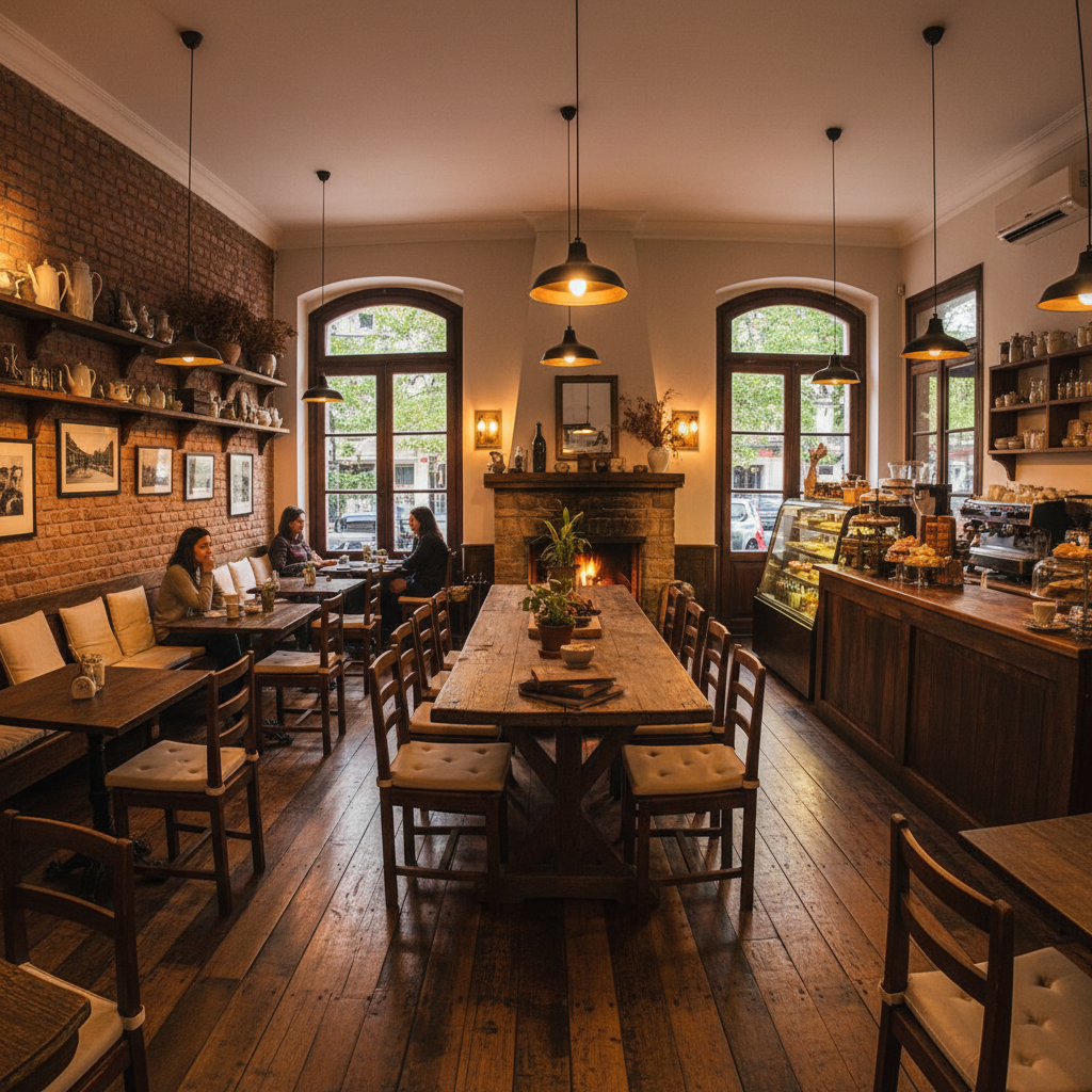 Cozy café interior with wooden furniture, exposed brick, and warm lighting in a converted ground floor space