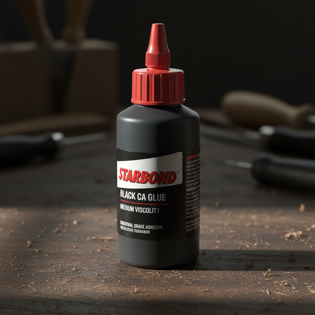 Industrial adhesive and sealant products in workshop setting, low lighting, dark steel workbench, chemical containers