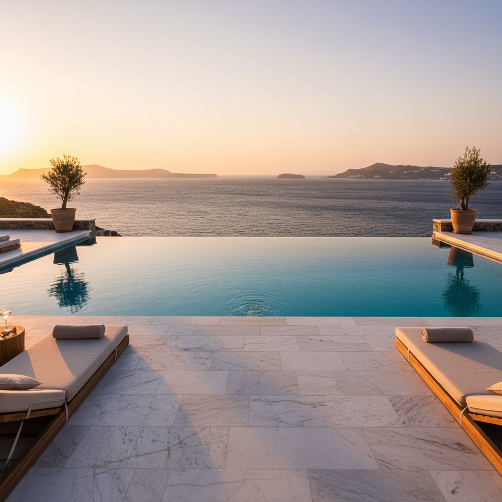 Luxury Ionian hotel terrace with infinity pool overlooking deep blue sea, white architecture, evening light