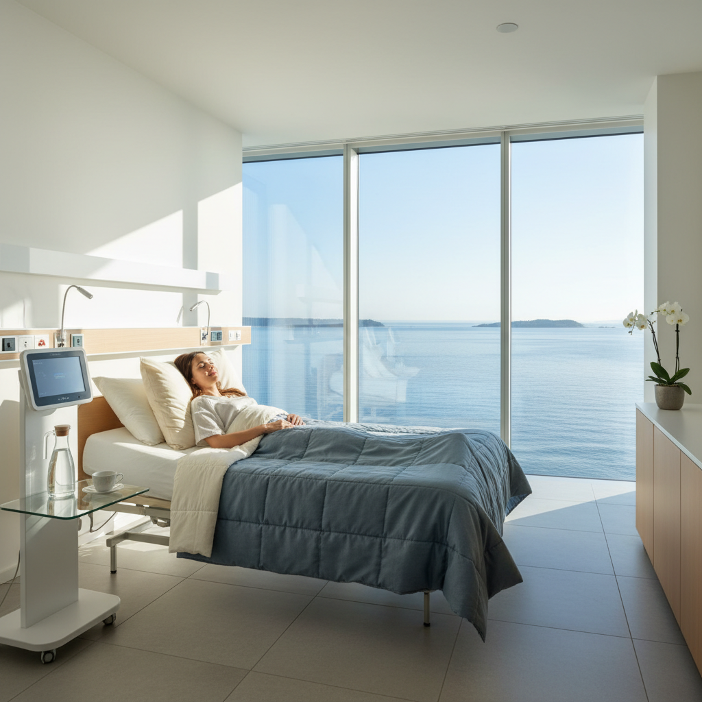 Patient resting comfortably in private recovery suite with sea view after joint replacement surgery