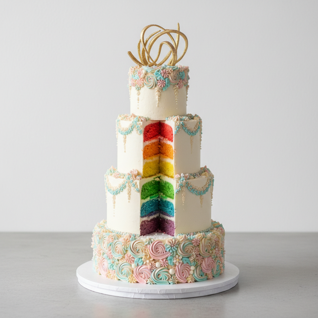 Impressive multi-tiered decorated cake with colorful layers